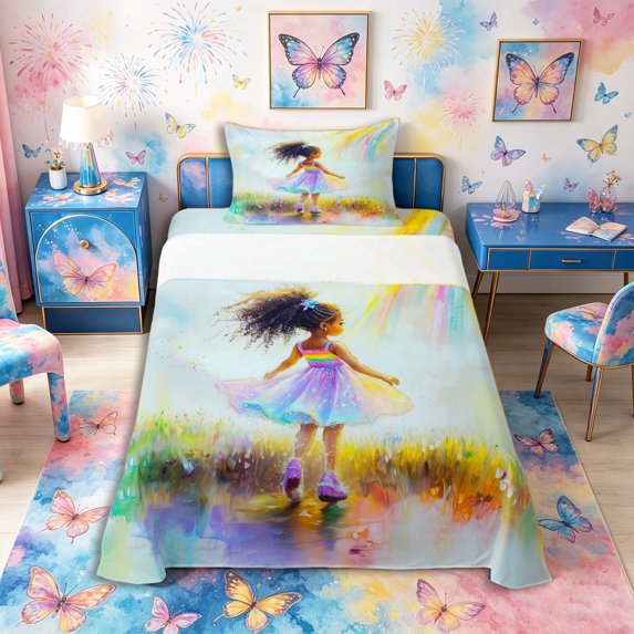 Castle Fairy Artistic Rainbow Girl Twin Sheets 3pcs,Whimsical Pastel Print Bedding,Pink Blue Yellow,1 Fitted Sheet, 1 Flat Sheet and 1 Pillowcase