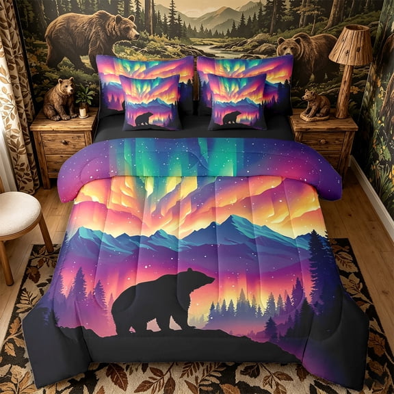 Castle Fairy Aurora Bear Silhouette Full Size Bedding Sets 7 Pieces for Teens,Northern Light Mountain Forest Full Size Bed in a Bag,Purple Green Yellow,Black Reversible