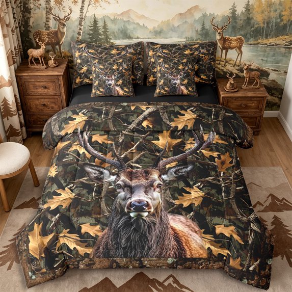 Castle Fairy Autumn Camo Deer Queen Bedding 7pcs,Rustic Maple Leaves Bedding Comforter Set Queen,Olive Brown,Black Reversible