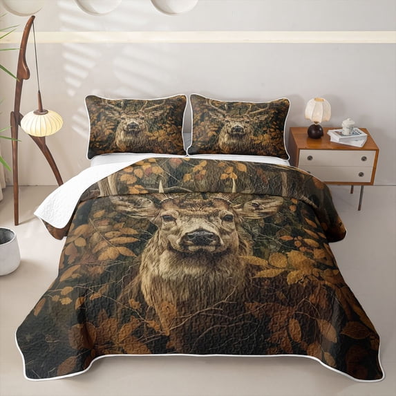 Castle Fairy Autumn Deer Bed Spread Queen,Dry Maple Twig Dark Woodland Queen Coverlet Set,Ochre Brown Black