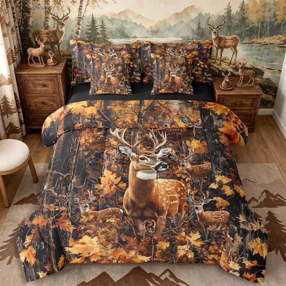 Castle Fairy Autumn Herd Spotted Deer King Bedding 7pcs,Oak Woodland King Bed in a Bag,Ochre Brown,Black Reversible