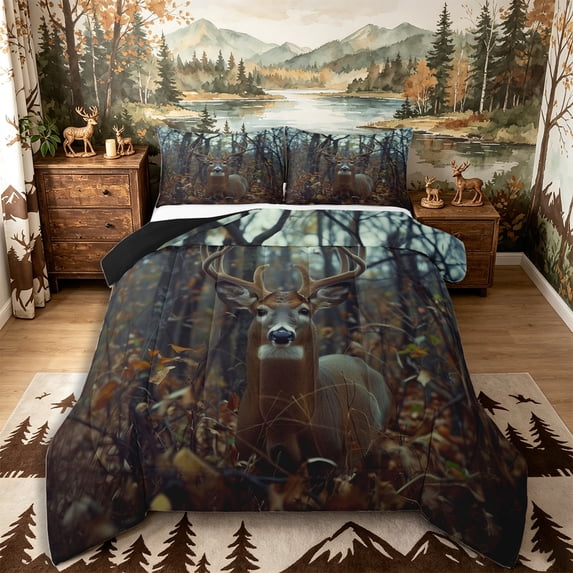 Castle Fairy Autumn Leaves Whitetail Deer Queen Comforter Set 3 Pieces for Boys,Woodland Animal Comforter Sets Queen,Brown Orange Cream,Black Reversible,1 Comforter and 2 Pillowcases