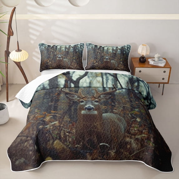 Castle Fairy Autumn Leaves Whitetail Deer Quilt King for Boys,Woodland Animal King Coverlet Set,Brown Orange Cream