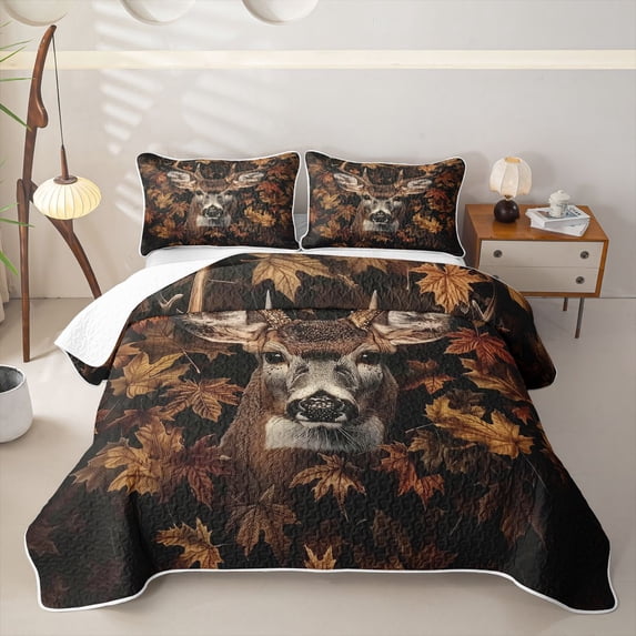 Castle Fairy Autumn Maple Deer Quilt Full,Dark Fall Leaf Twig Full Bedspread Sets,Sepia Brown Black