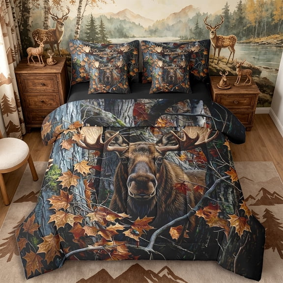 Castle Fairy Autumn Moose 7-Piece Twin Bedding,Fall Maple Mossy Tree Bedding Comforter Set,Brown Orange Gray,Black Reversible