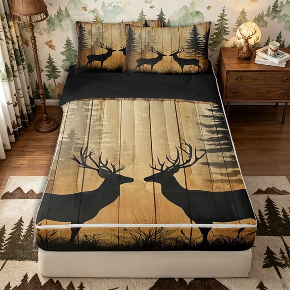 Castle Fairy Autumn Rustic Deer Zipper Full Size Comforter Sets with Fitted Sheet and 2 Pillowcases for Boys,Vintage Jungle Sunset Zipper Bedding Set,Sepia Brown Black,Black Reversible,4pcs