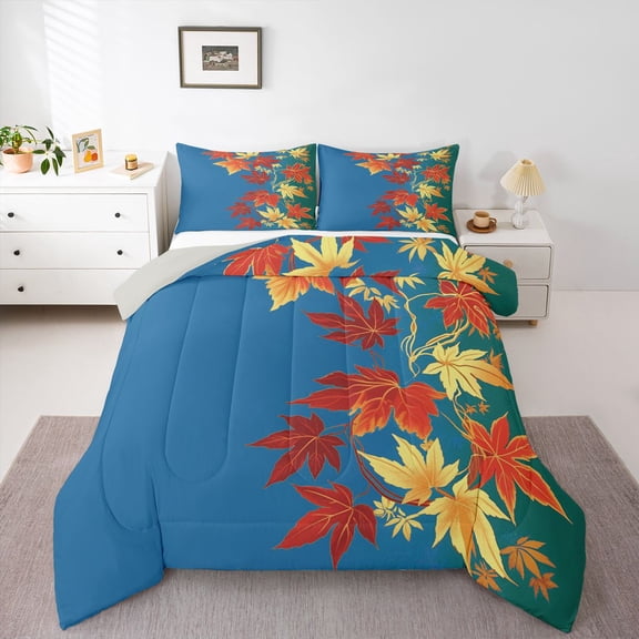 Castle Fairy Autumn Tree Leaves 3 Pieces Queen Comforter Set for Female Men Women,Abstract Gradient Blue Green Ultra Soft Bedding Sets,Happy Fall Bedding Comforter Set Breathable