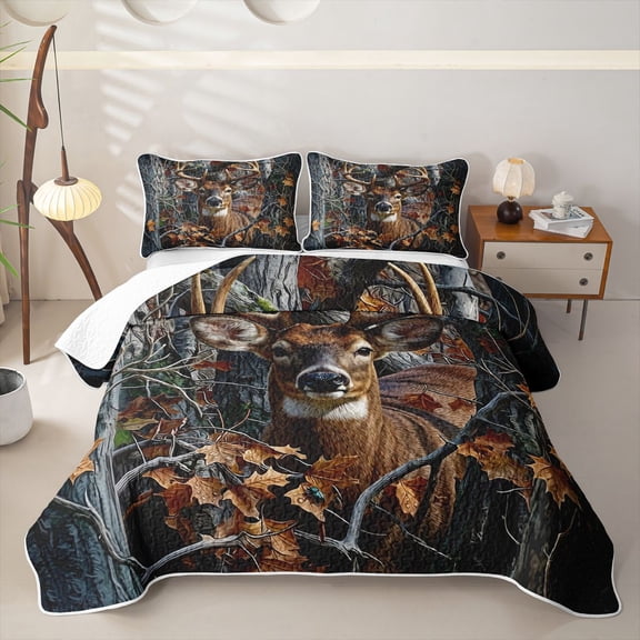 Castle Fairy Autumn Whitetail Deer Twin Quilt Set,Fall Maple Bark Forest Twin Coverlet Set,Brown Orange Gray