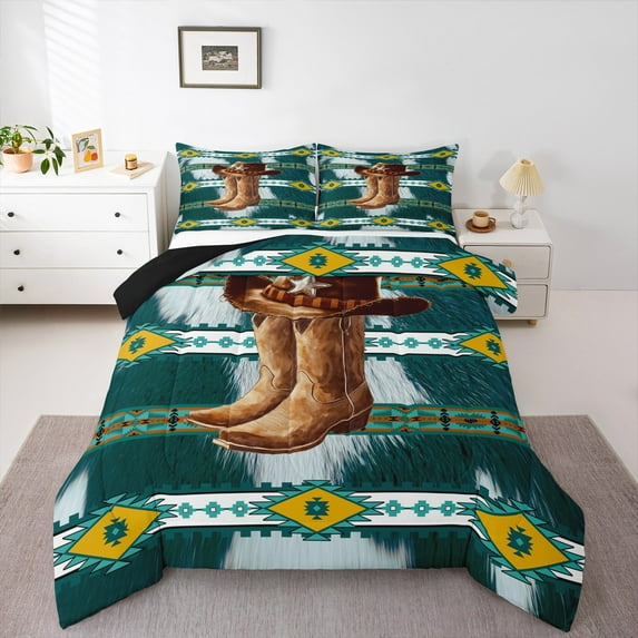 Castle Fairy Aztec Queen Comforter Set,Western Vintage Boots Bedding Comforter Set
