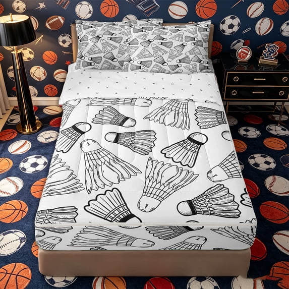 Castle Fairy Badminton Print Zipper Full Size Comforter Sets with Fitted Sheet and 2 Pillowcases, Sport Theme Zipper Bedding Set, White Black,4pcs