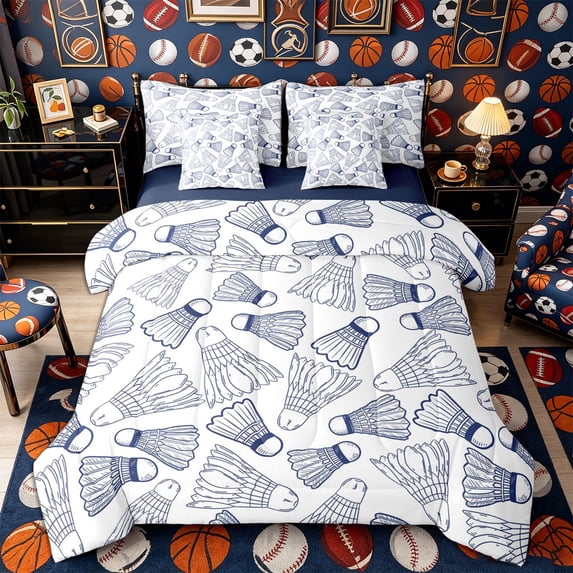 Castle Fairy Badminton Sport King Bedding 7pcs, Ball Game King Bed in a Bag, White Navy,Navy Blue Reversible
