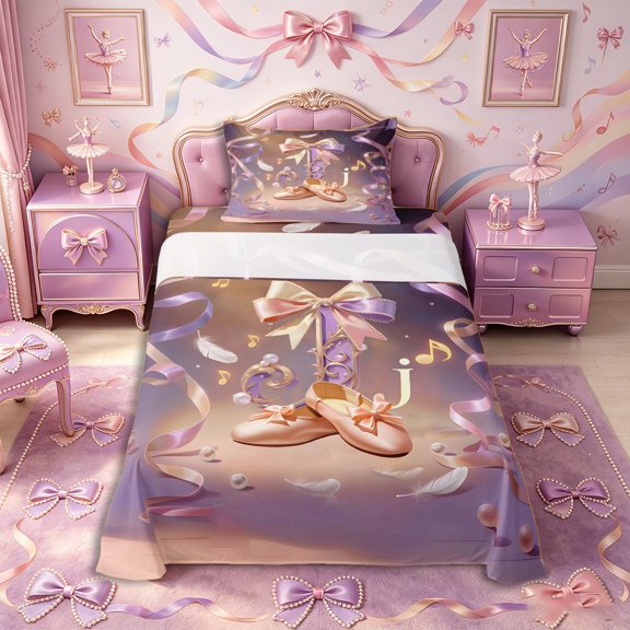 Castle Fairy Ballet Bow Letter J Twin Sheets 3pcs,Musical Notes Pattern Bedding,Ivory Champagne,1 Fitted Sheet, 1 Flat Sheet and 1 Pillowcase