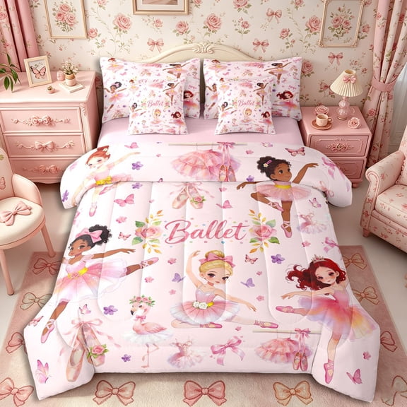 Castle Fairy Ballet Dance Girl Full Size Bedding Sets 7 Pieces,Floral Butterfly Flamingo Full Size Bed in a Bag,Pink White,Grey Reversible