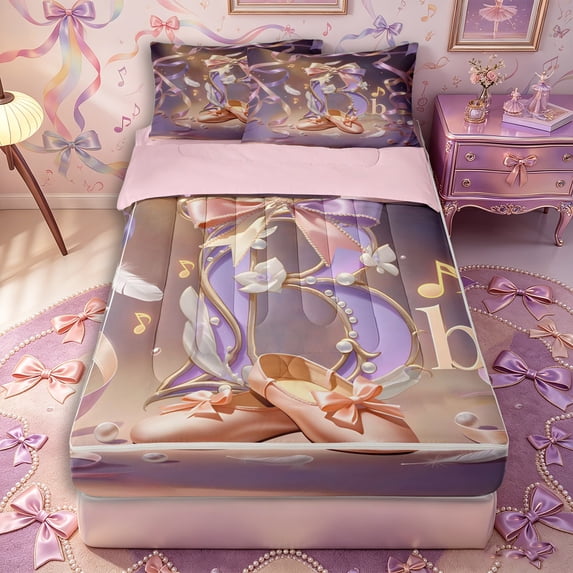 Castle Fairy Ballet Dance Initial B Zipper Twin Comforter Sets with Fitted Sheet and 2 Pillowcases,Pearl Bow Accent Zipper Bedding Set,Soft Lavender Rose,4-Piece