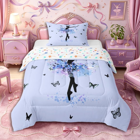 Castle Fairy Ballet Dance Twin Comforter Sets 2pcs,Princess Dreamy Floral Butterfly Bedding Set,Blue White,Grey Reversible,1 Comforter and 1 Pillowcase