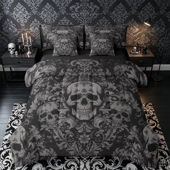 Castle Fairy Baroque Damask Skull King Bedding 7pcs,Ornate Floral Skeleton King Bed in a Bag,Gray Black,Black Reversible