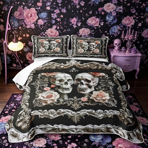 Castle Fairy Baroque Gothic Skull Quilt King,Romantic Vintage Flower Rose King Coverlet Set,Ivory Black
