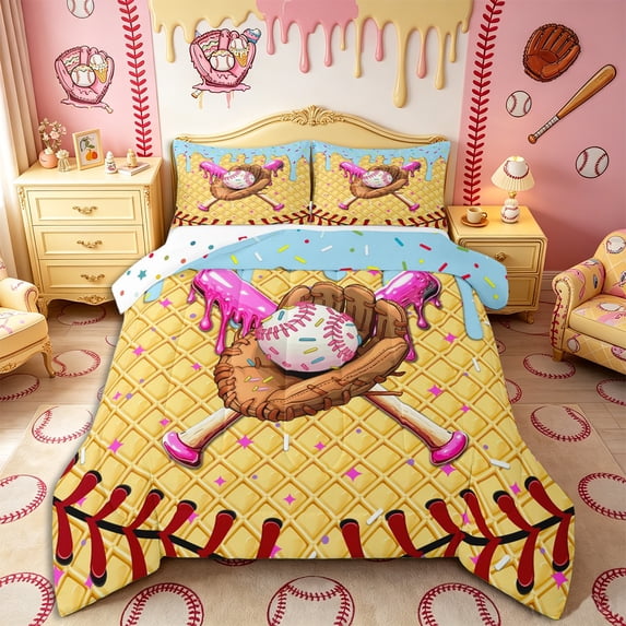 Castle Fairy Baseball Bat Glove Queen Comforter Set 3 Pieces, Blue Ice Cream Drip Comforter Sets Queen, Brown Pink Yellow,1 Comforter and 2 Pillowcases