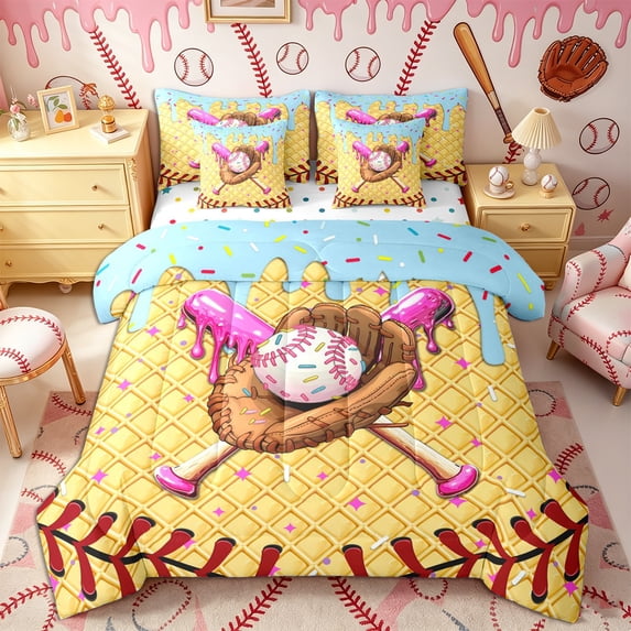 Castle Fairy Baseball Bat Glove Twin Bedding 7-Piece, Blue Ice Cream Drip Bedding Comforter Set, Brown Pink Yellow