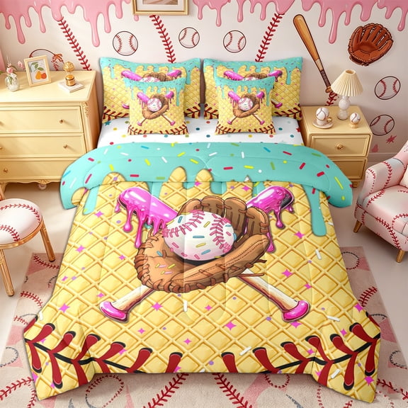 Castle Fairy Baseball Bat Glove Twin Bedding 7-Piece, Sport Theme Ice Cream Drip Bedding Comforter Set, Brown Pink Blue
