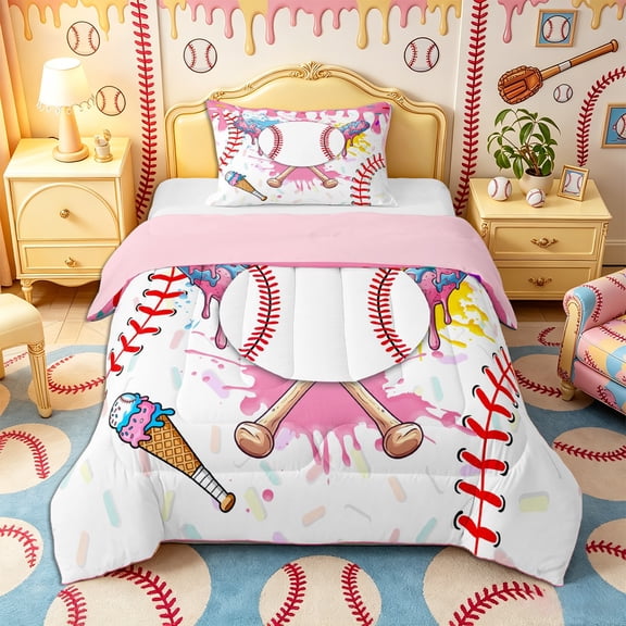 Castle Fairy Baseball Bat Print Twin Comforter Sets 2pcs, Graffiti Splash Ice Cream Bedding Set, Pink Blue Yellow,Pink Reversible,1 Comforter and 1 Pillowcase