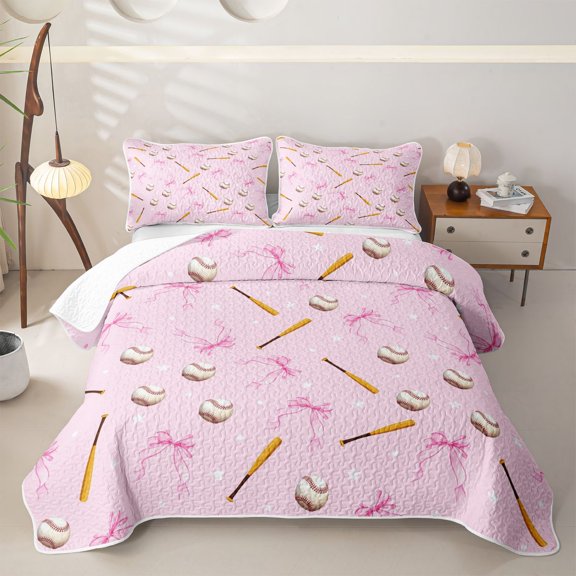Castle Fairy Baseball Bats Bed Spread Queen,Bow Pattern Queen Coverlet Set,Pink Brown White