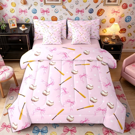 Castle Fairy Baseball Bats Twin Bedding 7-Piece, Bow Pattern Bedding Comforter Set, Pink Brown White,Pink Reversible