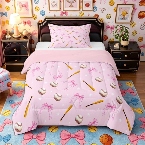 Castle Fairy Baseball Bats Twin Comforter Sets 2pcs, Bow Pattern Bedding Set, Pink Brown White,Pink Reversible,1 Comforter and 1 Pillowcase