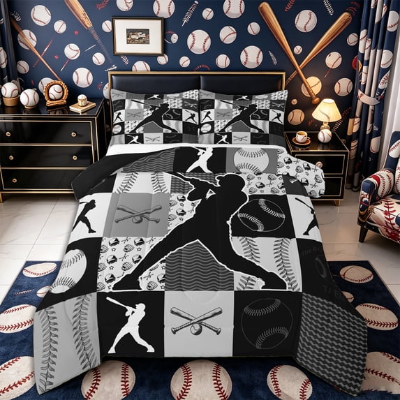 Castle Fairy Baseball Collage Full Size Comforter Sets 3-Piece, Sport Theme Checkered Bedding Comforter Set, Gray Black,Black Reversible,1 Comforter and 2 Pillowcases