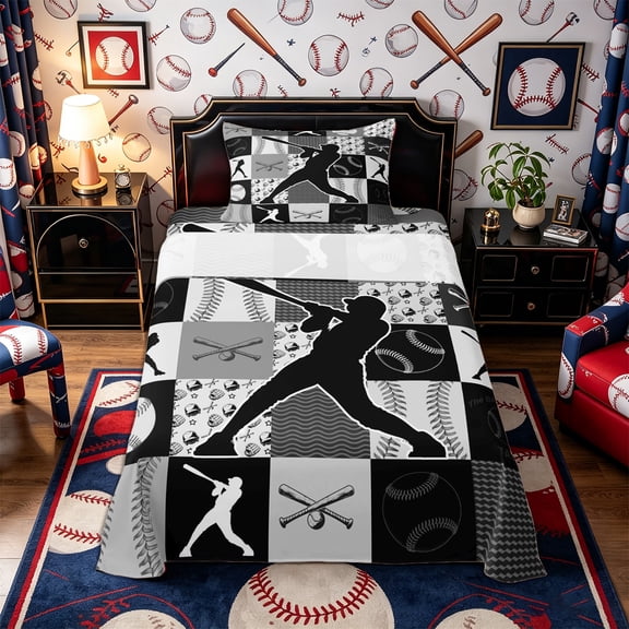 Castle Fairy Baseball Collage Twin Sheets 3pcs, Sport Theme Checkered Bedding, Gray Black,1 Fitted Sheet, 1 Flat Sheet and 1 Pillowcase
