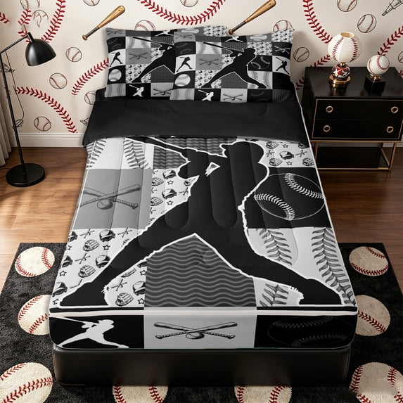 Castle Fairy Baseball Collage Zipper Full Size Comforter Sets with Fitted Sheet and 2 Pillowcases, Sport Theme Checkered Zipper Bedding Set, Gray Black,4pcs,Black Reversible