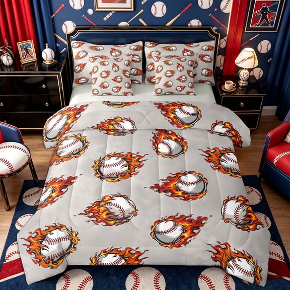 Castle Fairy Baseball Flame Queen Bedding 7pcs, Ball Gamer Bedding Comforter Set Queen, Red Orange Gray,Grey Reversible