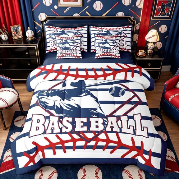 Castle Fairy Baseball Gamer Twin Bedding 7-Piece, Sport Theme Stripes Bedding Comforter Set, Red Navy,Navy Blue Reversible