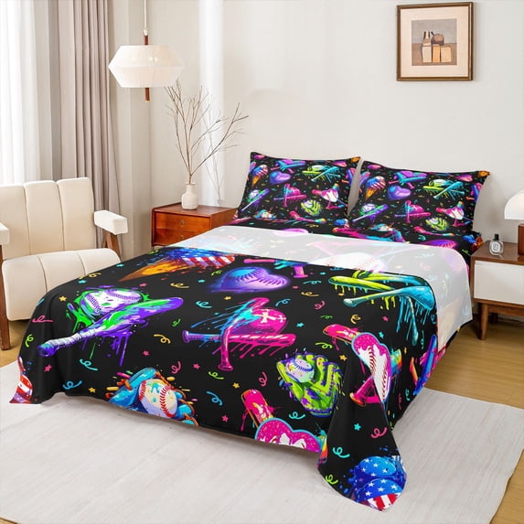 Castle Fairy Baseball Gamer Twin Sheet Sets for Female Men,Abstract Splash Bedding