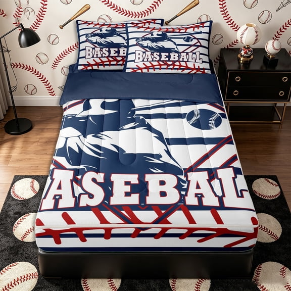 Castle Fairy Baseball Gamer Zipper Twin Comforter Sets with Fitted Sheet and 2 Pillowcases, Sport Theme Stripes Zipper Bedding Set, Red Navy,4-Piece,Navy Blue Reversible