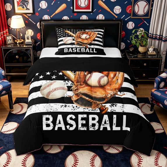 Castle Fairy Baseball Glove Bat Twin Comforter Sets 2pcs, Vintage USA Flag Bedding Set, Brown Black,Black Reversible,1 Comforter and 1 Pillowcase