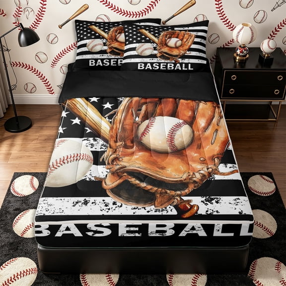 Castle Fairy Baseball Glove Bat Zipper Twin Comforter Sets with Fitted Sheet and 2 Pillowcases, Vintage USA Flag Zipper Bedding Set, Brown Black,4-Piece,Black Reversible