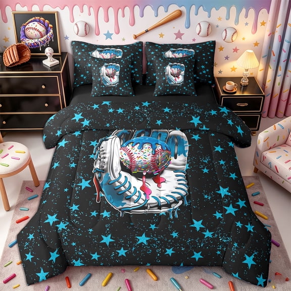 Castle Fairy Baseball Glove Print Twin Bedding 7-Piece, Graffiti Stars Print Bedding Comforter Set, Black Blue White,Black Reversible
