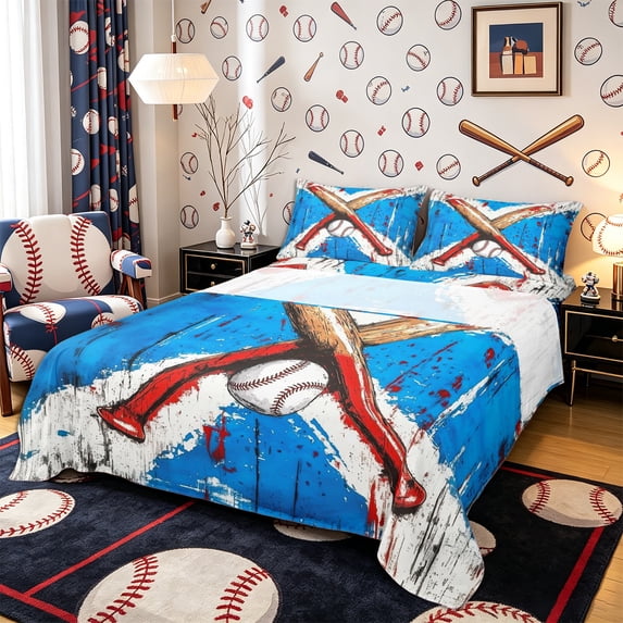 Castle Fairy Baseball Graffiti Queen Sheets 4 Pieces, Crossed Bat Pattern Queen Sheet Sets, Blue Red White,1 Fitted Sheet, 1 Flat Sheet and 2 Pillowcases
