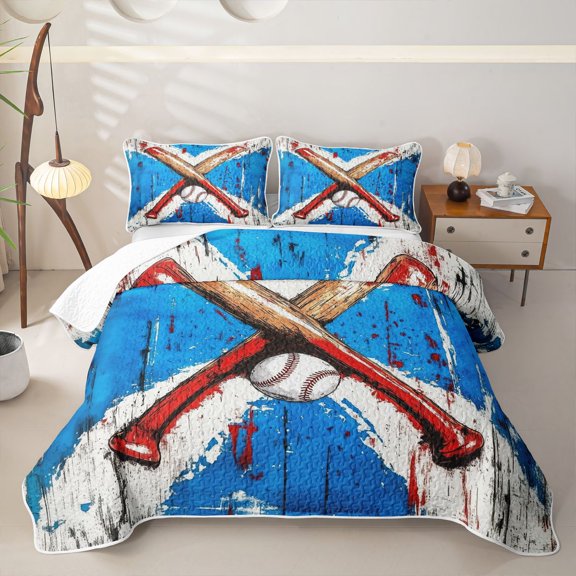 Castle Fairy Baseball Graffiti Quilt Full,Crossed Bat Pattern Full Bedspread Sets,Blue Red White