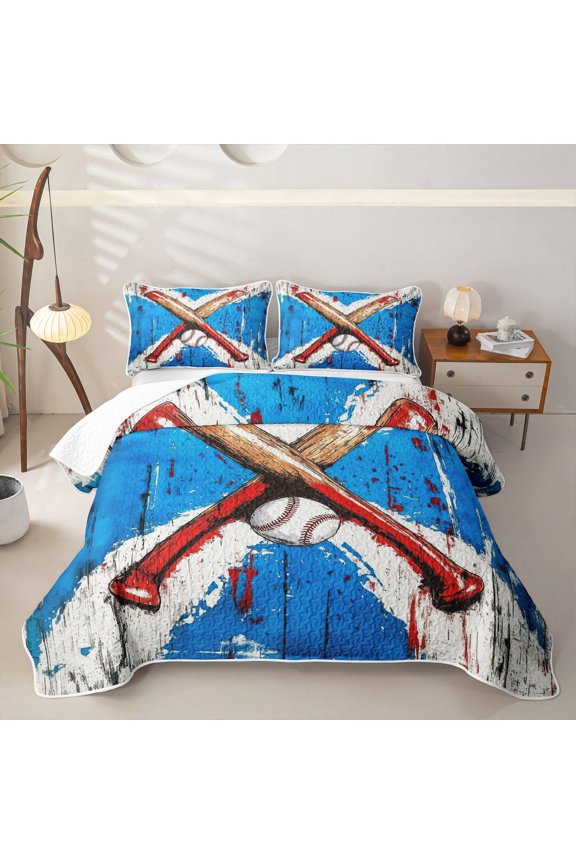 Baseball Graffiti Quilt Full,Crossed Bat Pattern Full Bedspread Sets,Blue Red White