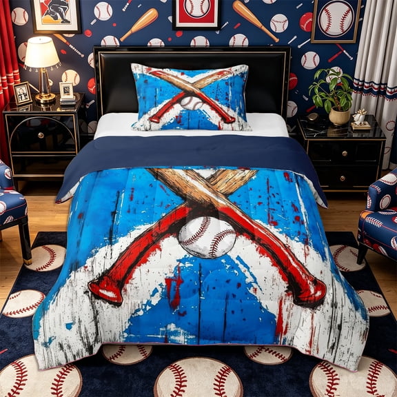 Castle Fairy Baseball Graffiti Twin Comforter Sets 2pcs, Crossed Bat Pattern Bedding Set, Blue Red White,Navy Blue Reversible,1 Comforter and 1 Pillowcase