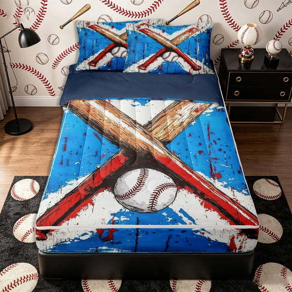 Castle Fairy Baseball Graffiti Zipper Twin Comforter Sets with Fitted Sheet and 2 Pillowcases, Crossed Bat Pattern Zipper Bedding Set, Blue Red White,4-Piece,Navy Blue Reversible