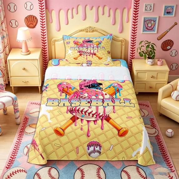 Castle Fairy Baseball Helmet Twin Sheets 3pcs, Waffle Ice Cream Drip Bedding, Pink Blue Yellow,1 Fitted Sheet, 1 Flat Sheet and 1 Pillowcase