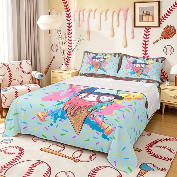Castle Fairy Baseball Ice Cream Bed Sheets 4-Piece, Graffiti Splash Full Size Sheets, Blue Pink Teal,1 Fitted Sheet, 1 Flat Sheet and 2 Pillowcases