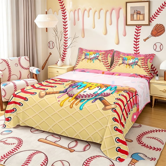 Castle Fairy Baseball Ice Cream Bed Sheets 4-Piece, Sport Theme Full Size Sheets, Yellow Pink Blue,1 Fitted Sheet, 1 Flat Sheet and 2 Pillowcases