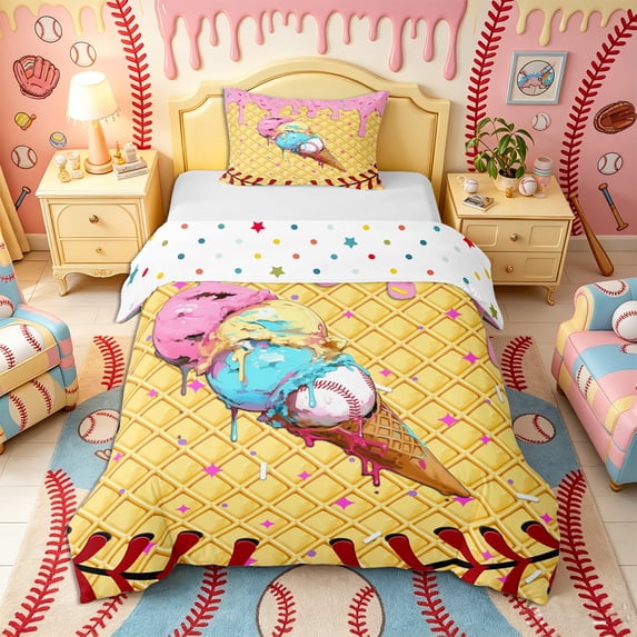 Castle Fairy Baseball Ice Cream Cone Pattern Twin Duvet Cover, Sport Theme Twin Bedding, Brown Pink,2pcs,1 Duvet Cover and 1 Pillowcase