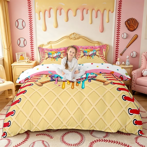 Castle Fairy Baseball Ice Cream Duvet Cover King, Sport Theme King Bedding, Yellow Pink Blue,3 Pieces,1 Duvet Cover and 2 Pillowcases