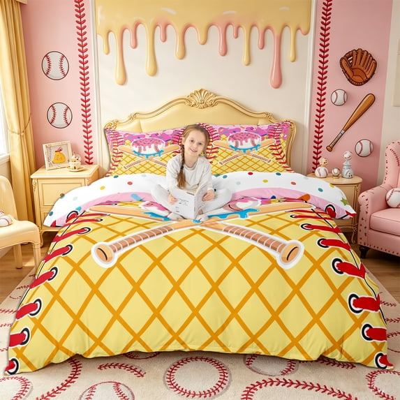 Castle Fairy Baseball Ice Cream Duvet Cover King, Sport Theme King Bedding, Yellow Pink Blue Red,3 Pieces,1 Duvet Cover and 2 Pillowcases