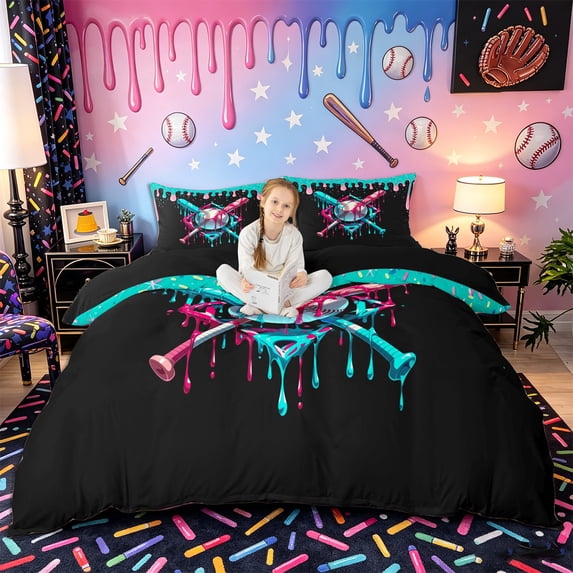 Castle Fairy Baseball Ice Cream Duvet Cover Queen, Sport Splash Queen Bedding, Pink Teal Black,Black Reversible,3-Piece,1 Duvet Cover and 2 Pillowcases